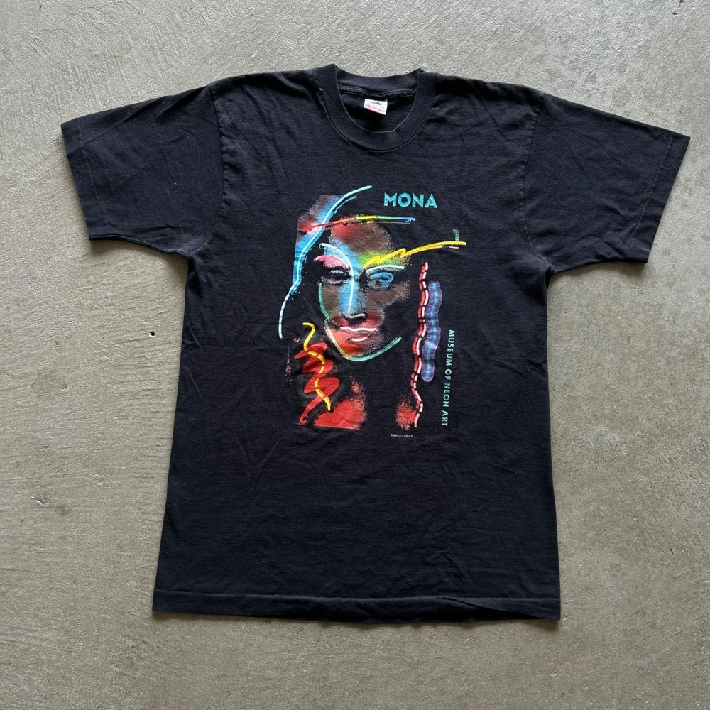 Vintage 80s Mona Lisa Shirt Size Large Black Museum Of Neon Art 1981 Lili Lakich